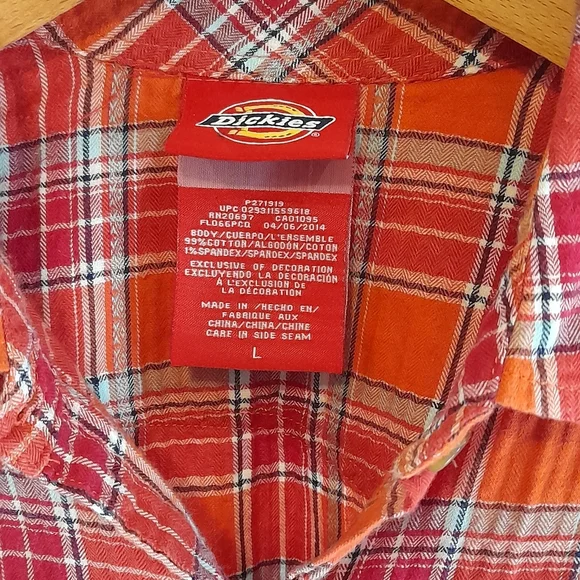 Dickies Orange Red Plaid Flannel Button Down Shirt Women’s Size L - Picture 3 of 11